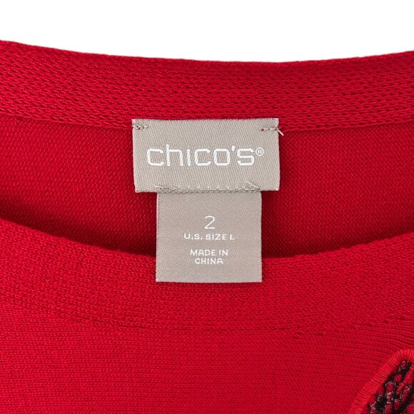 Chico's Red Placed Floral Bateau Long Sleeve Embellished Knit Sweater NWT (L) - Picture 9 of 13